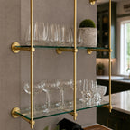 Solid Brass Bistro Shelving with Glass Shelves, Ceiling & Wall Mounted Bar Shelf, Kitchen Display Shelving | Custom Brass Shelf