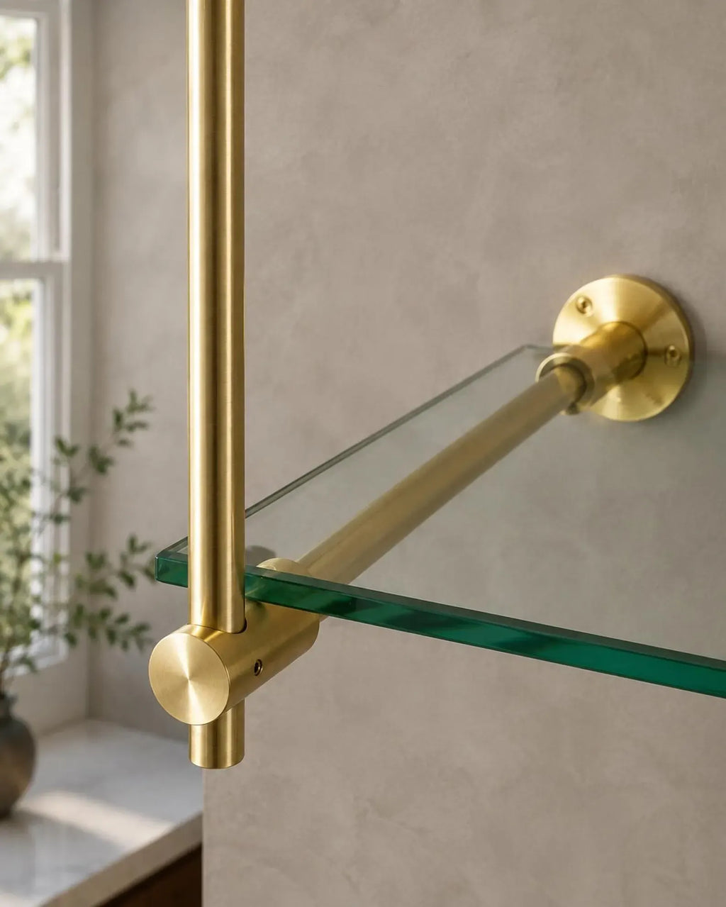 Solid Brass Bistro Shelving with Glass Shelves, Ceiling & Wall Mounted Bar Shelf, Kitchen Display Shelving | Custom Brass Shelf