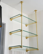 Solid Brass Bistro Shelving with Glass Shelves, Ceiling & Wall Mounted Bar Shelf, Kitchen Display Shelving | Custom Brass Shelf