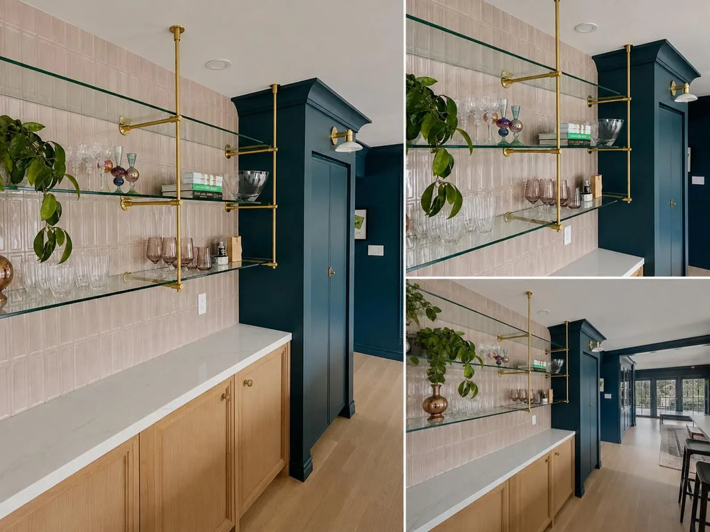 Solid Brass Bistro Shelving with Glass Shelves, Ceiling & Wall Mounted Bar Shelf, Kitchen Display Shelving | Custom Brass Shelf