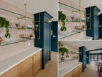 Solid Brass Bistro Shelving with Glass Shelves, Ceiling & Wall Mounted Bar Shelf, Kitchen Display Shelving | Custom Brass Shelf