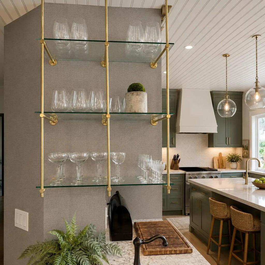 Solid Brass Bistro Shelving with Glass Shelves, Ceiling & Wall Mounted Bar Shelf, Kitchen Display Shelving | Custom Brass Shelf