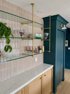 Solid Brass Bistro Shelving with Glass Shelves, Ceiling & Wall Mounted Bar Shelf, Kitchen Display Shelving | Custom Brass Shelf