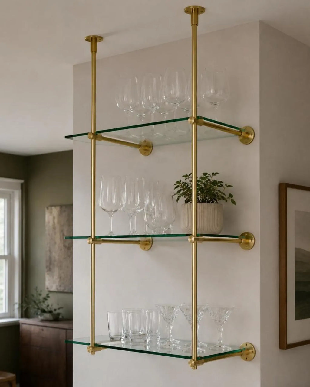 Solid Brass Bistro Shelving with Glass Shelves, Ceiling & Wall Mounted Bar Shelf, Kitchen Display Shelving | Custom Brass Shelf