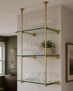 Solid Brass Bistro Shelving with Glass Shelves, Ceiling & Wall Mounted Bar Shelf, Kitchen Display Shelving | Custom Brass Shelf