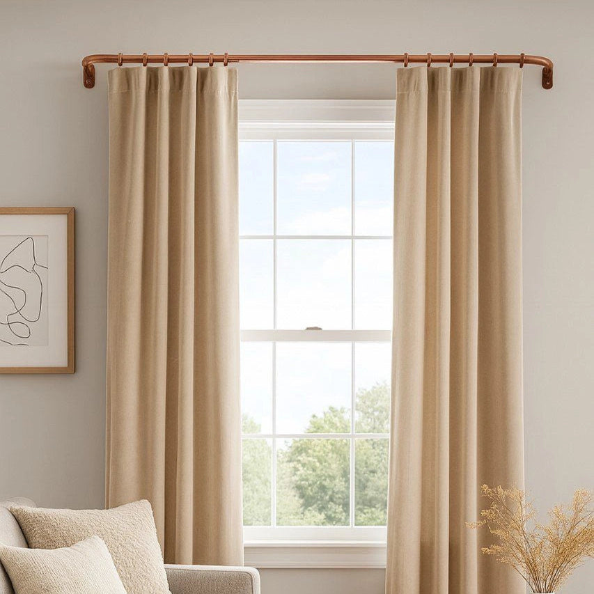 Copper Curtain Rod with Beige Curtains for Elegant Modern Living Room Décor – Atlas Finest