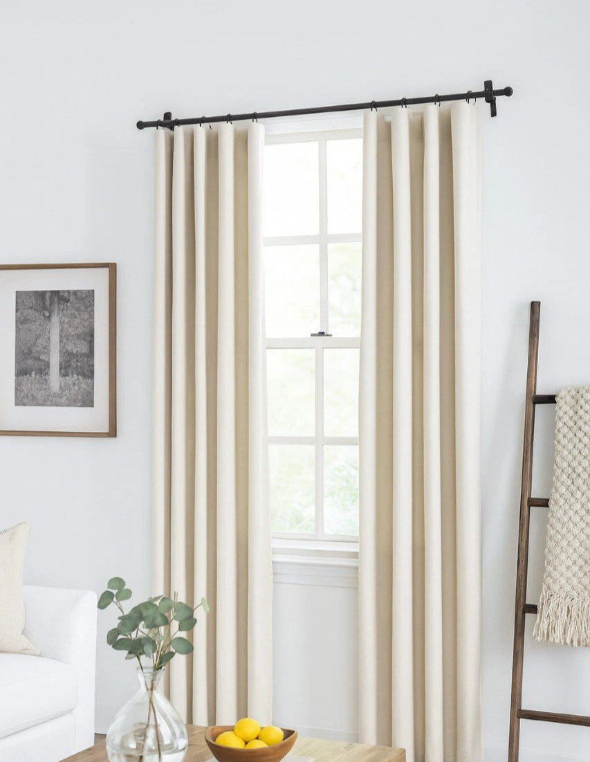 Black Wrought Iron Curtain Rod with Beige Curtains for Modern Minimalist Living Room Décor – Atlas Finest