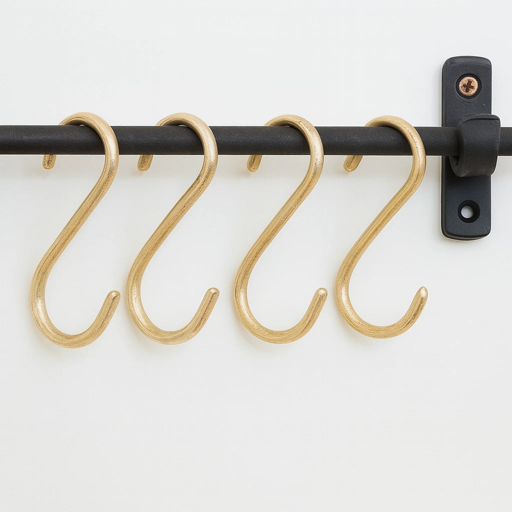 Iron Pot Rail With Brass S-Hooks For Kitchen Storage