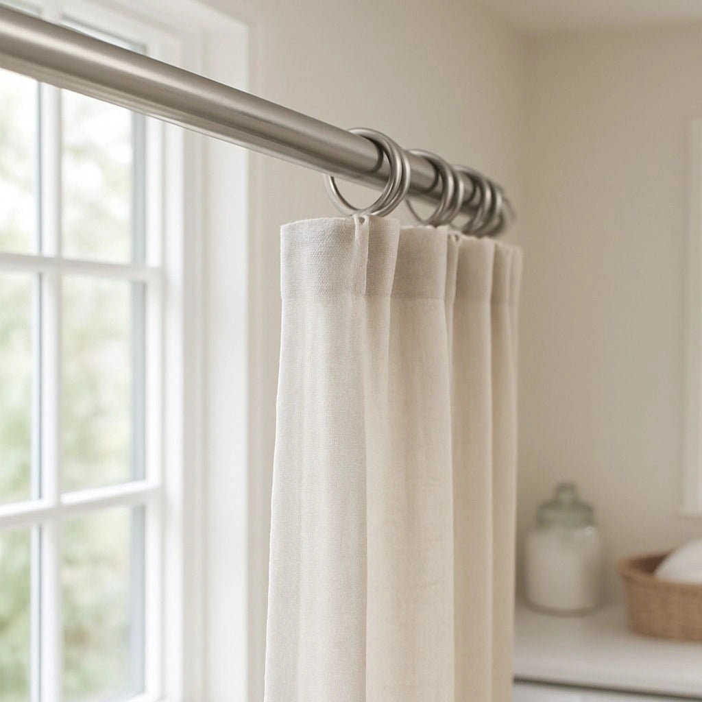 Brushed nickel curtain rod with rings and linen curtains in a bright window setting – Atlas Finest