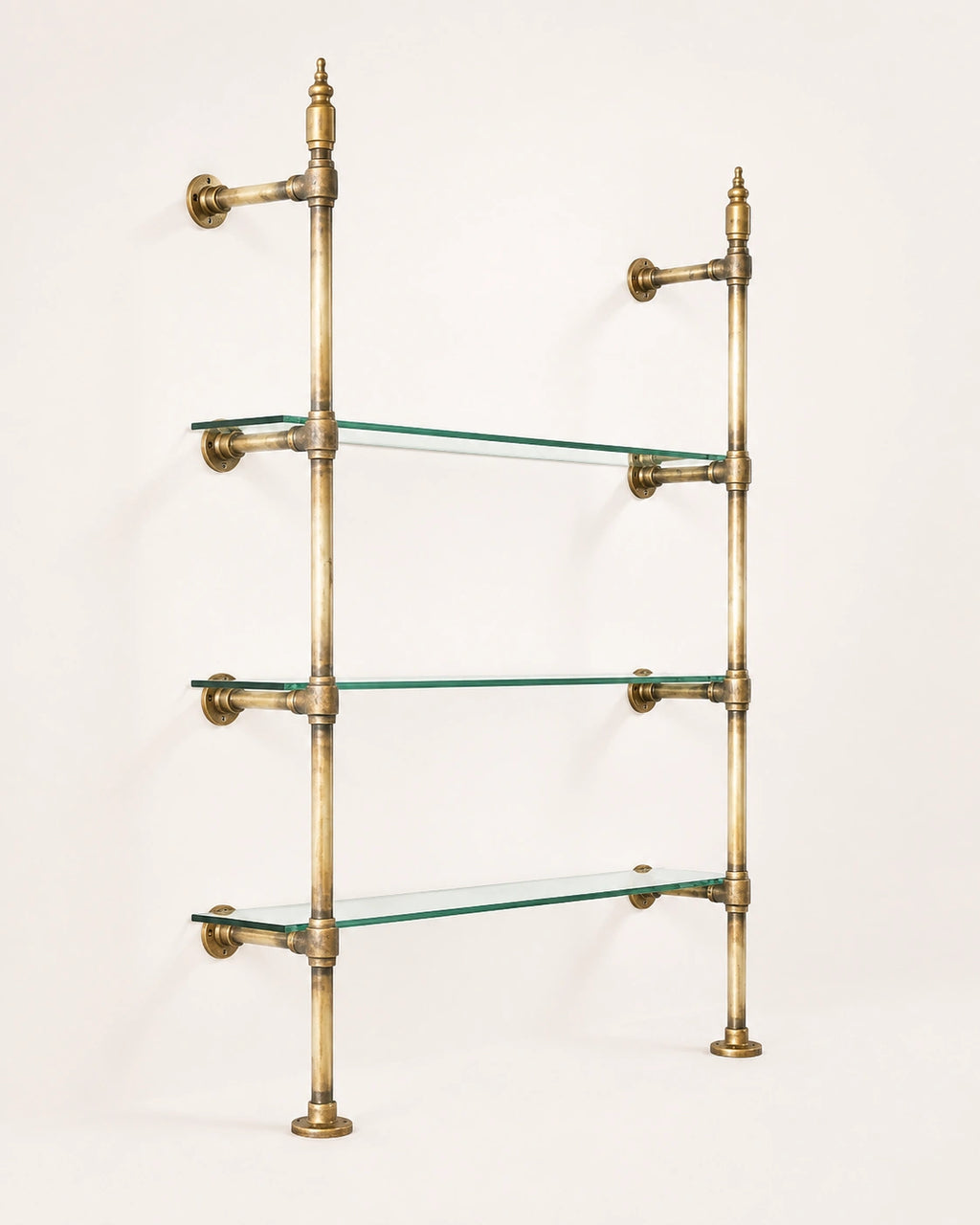 Vintage Brass Shelving Unit — Single Bay Countertop with Glass (45" W x 55" H x 12" D)