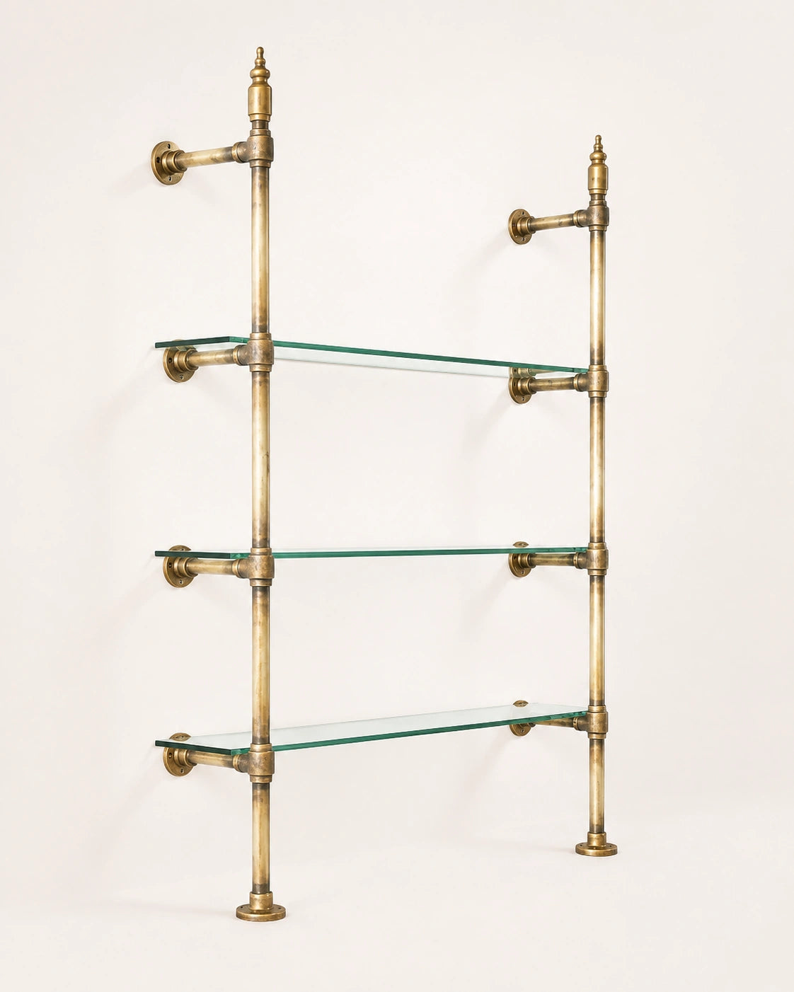 Vintage Brass Shelving Unit — Single Bay Countertop with Glass (45" W x 55" H x 12" D)