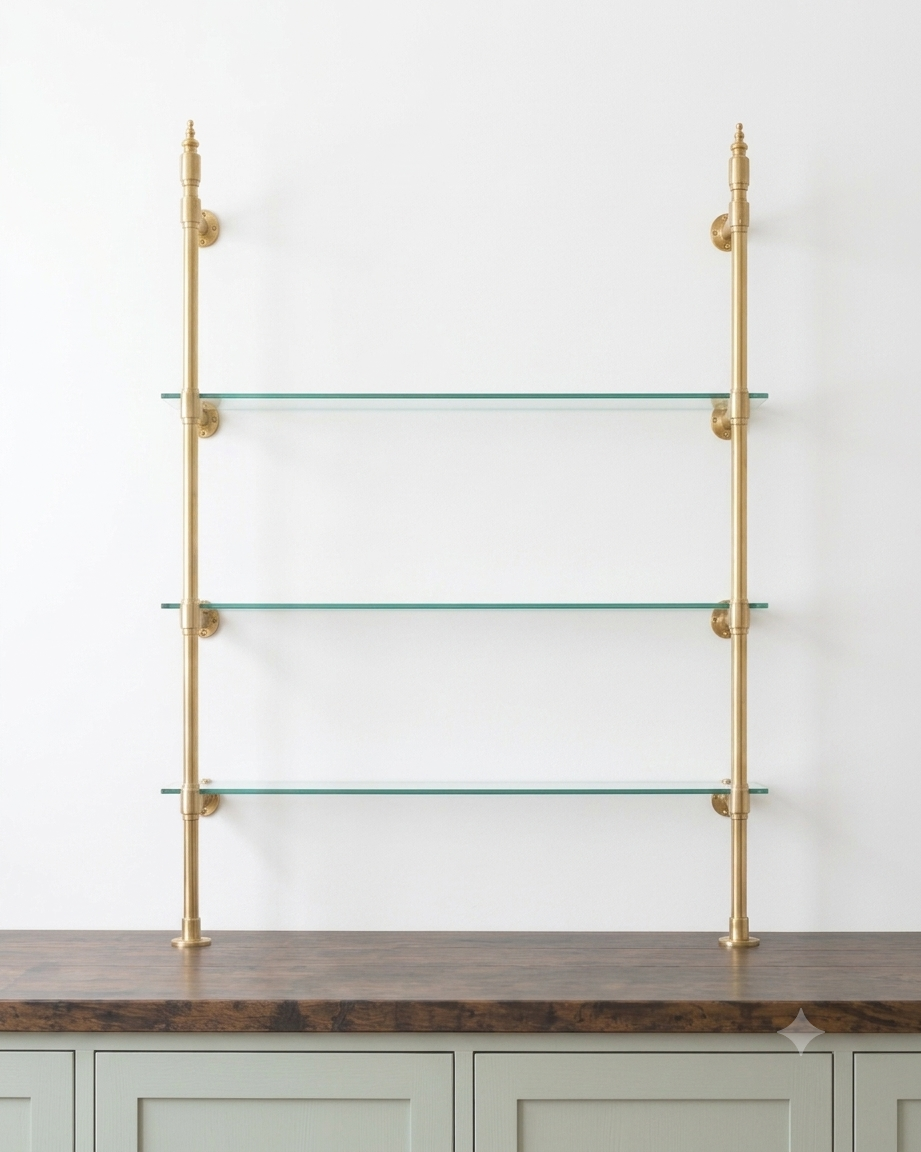 Vintage Brass Shelving, Countertop Solid Brass Shelves With Glass, One Bay 35in x 45 in x 10 in