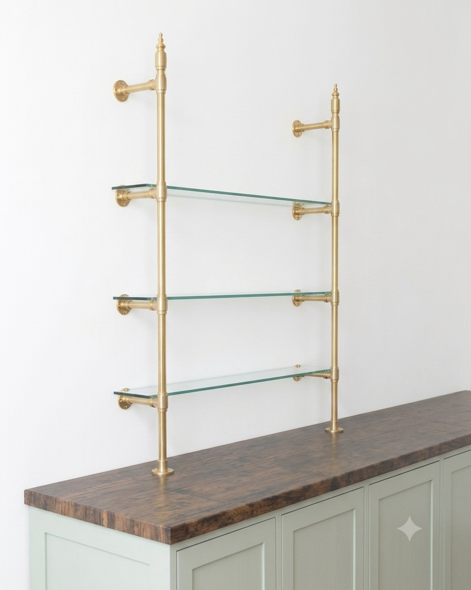 Vintage Brass Shelving, Countertop Solid Brass Shelves With Glass, One Bay 35in x 45 in x 10 in