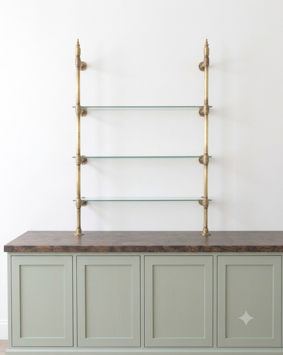 Vintage Brass Shelving, Countertop Solid Brass Shelves With Glass, One Bay 35in x 45 in x 10 in