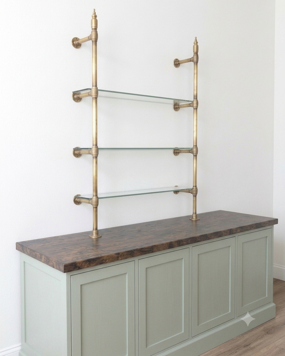 Vintage Brass Shelving, Countertop Solid Brass Shelves With Glass, One Bay 35in x 45 in x 10 in