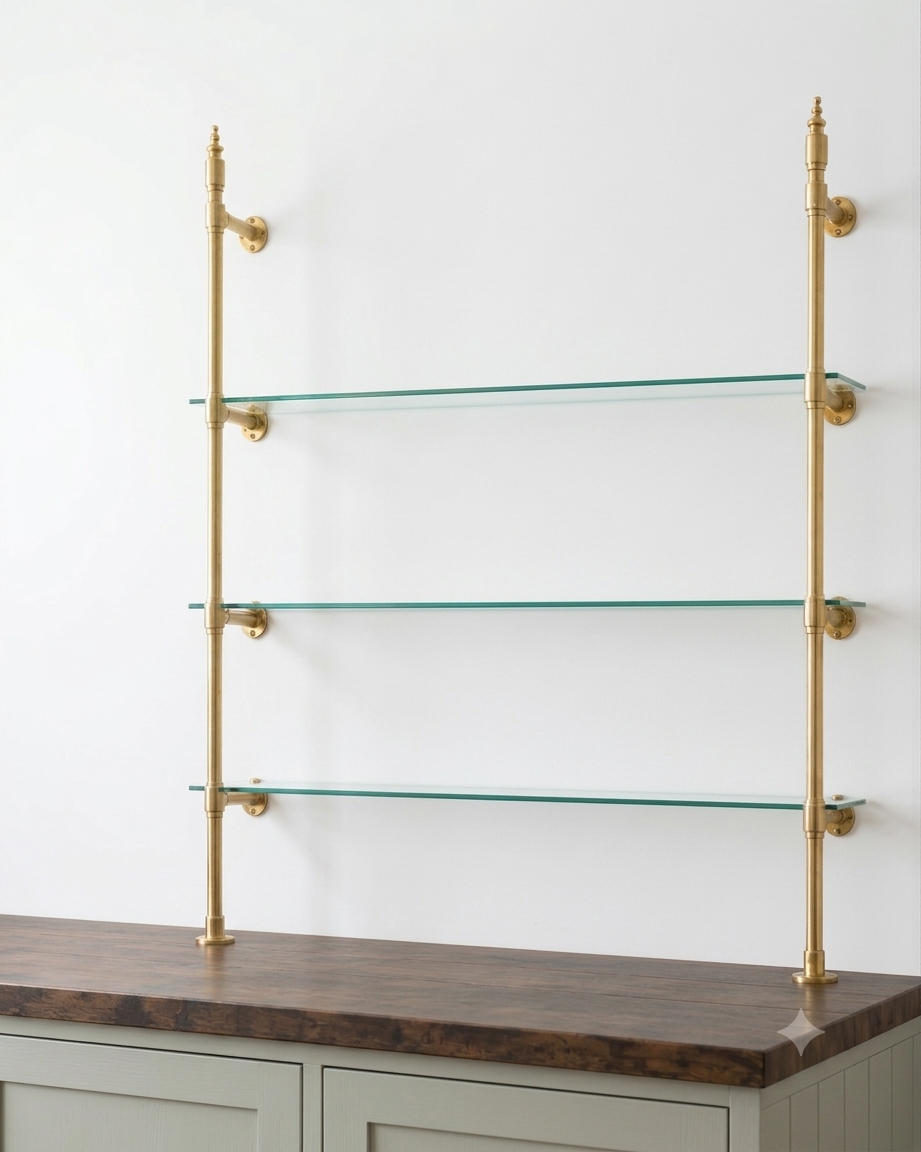 Vintage Brass Shelving, Countertop Solid Brass Shelves With Glass, One Bay 35in x 45 in x 10 in