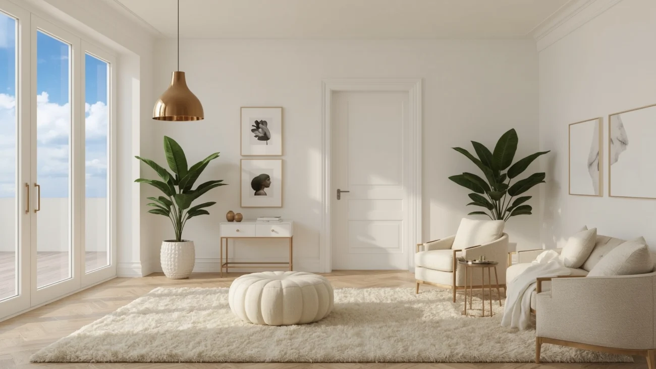 Modern living room with Atlas Finest unlacquered brass pendant light, neutral decor, and indoor plants.